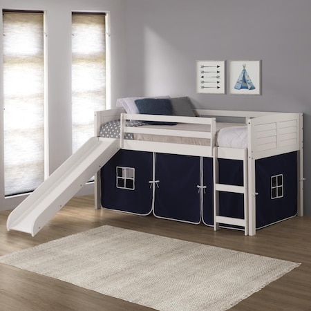 Kd Gabinetes PD-790ATW-B-785W Twin Size Louver Low Loft with Slide & Blue Tent in White KD3731816